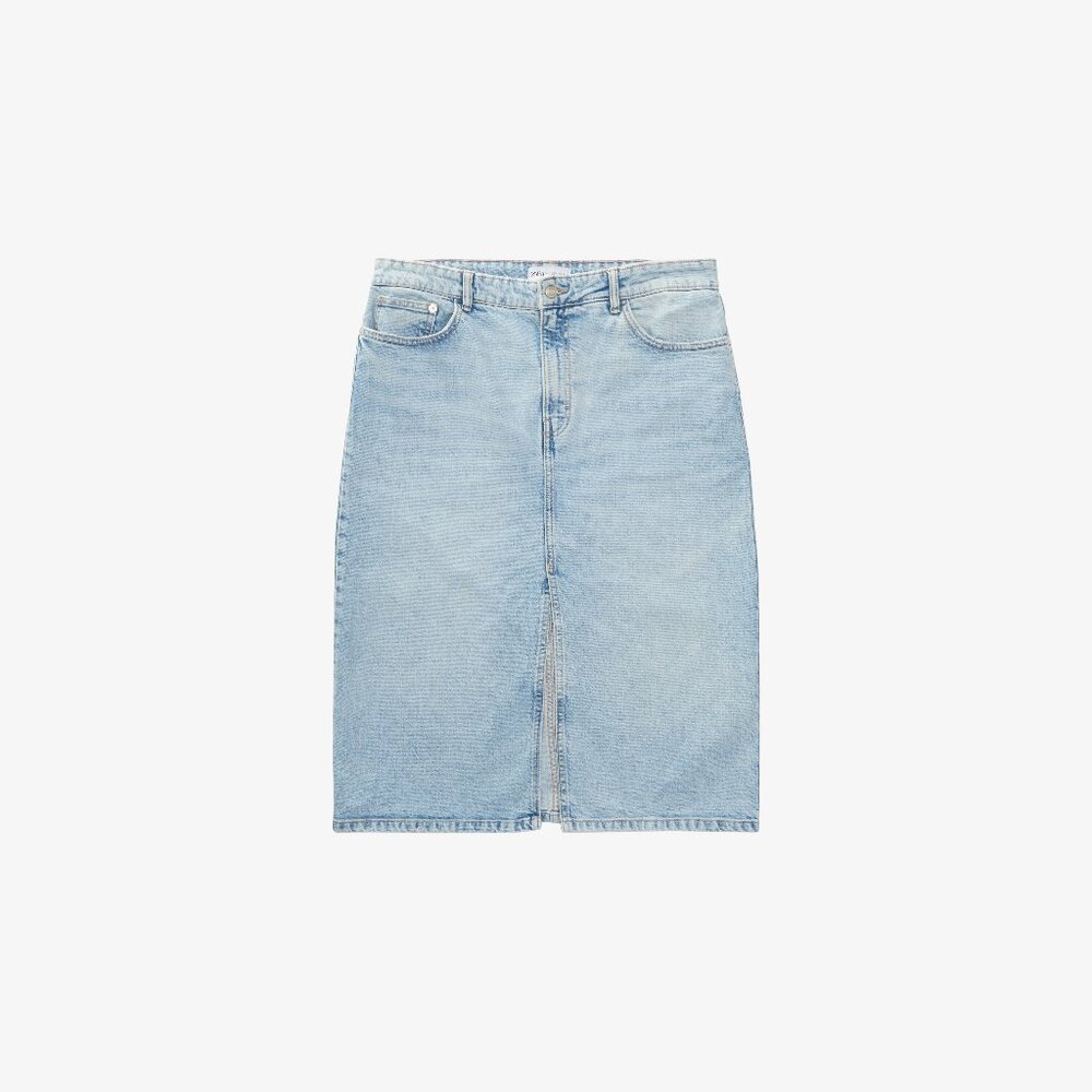 ZARA Light Wash Denim Midi Skirt with Front Slit 💙👖